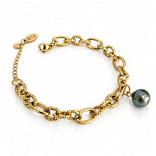 Load image into Gallery viewer, A gold chain bracelet with textured links, a lobster clasp, and a pearl, shown on a white background.