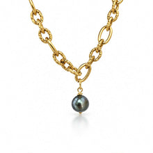 Load image into Gallery viewer, A gold chain necklace featuring textured and smooth oval links with a dangling dark gray pearl pendant, shown on a clean white background.