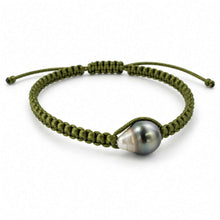 Load image into Gallery viewer, An olive green macrame bracelet featuring a teardrop-shaped Fijian pearl at the center, displayed on a clean white background.