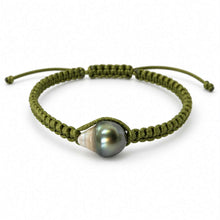 Load image into Gallery viewer, An olive green macrame bracelet featuring a teardrop-shaped Fijian pearl at the center, displayed on a clean white background.