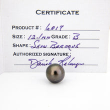 Load image into Gallery viewer, Pearl with a certificate detailing product number, size, grade, and shape on a white background.