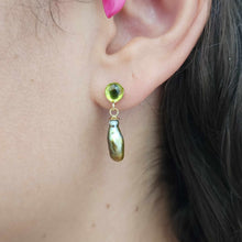 Load image into Gallery viewer, READY TO SHIP Peridot & Fiji Keshi Pearl Stud Earrings - 14k Gold Fill FJD$