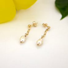 Load image into Gallery viewer, READY TO SHIP - Freshwater Pearl Stud Earrings with Chain Detail - 14k Gold Fill FJD$