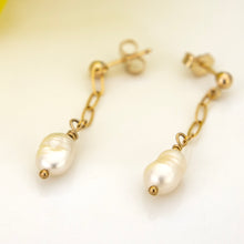 Load image into Gallery viewer, READY TO SHIP - Freshwater Pearl Stud Earrings with Chain Detail - 14k Gold Fill FJD$