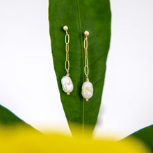 Load image into Gallery viewer, READY TO SHIP - Freshwater Pearl Stud Earrings with Chain Detail - 14k Gold Fill FJD$