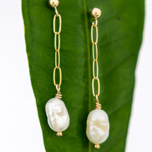 Load image into Gallery viewer, READY TO SHIP - Freshwater Pearl Stud Earrings with Chain Detail - 14k Gold Fill FJD$