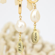 Load image into Gallery viewer, READY TO SHIP Huggie Earrings with Freshwater Pearls & Fiji charm - 14k Gold Fill FJD$