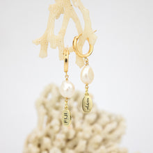 Load image into Gallery viewer, READY TO SHIP Huggie Earrings with Freshwater Pearls & Fiji charm - 14k Gold Fill FJD$