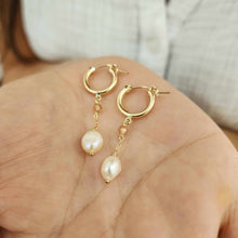 Load image into Gallery viewer, READY TO SHIP Huggie Earrings with Freshwater Pearl and Glass Bead detail - 14k Gold Fill FJD$