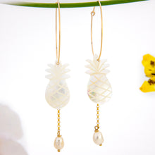 Load image into Gallery viewer, READY TO SHIP Mother of Pearl Pineapple Drop Earrings with Freshwater Pearls in 14k Gold Fill - FJD$