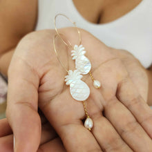 Load image into Gallery viewer, READY TO SHIP Mother of Pearl Pineapple Drop Earrings with Freshwater Pearls in 14k Gold Fill - FJD$