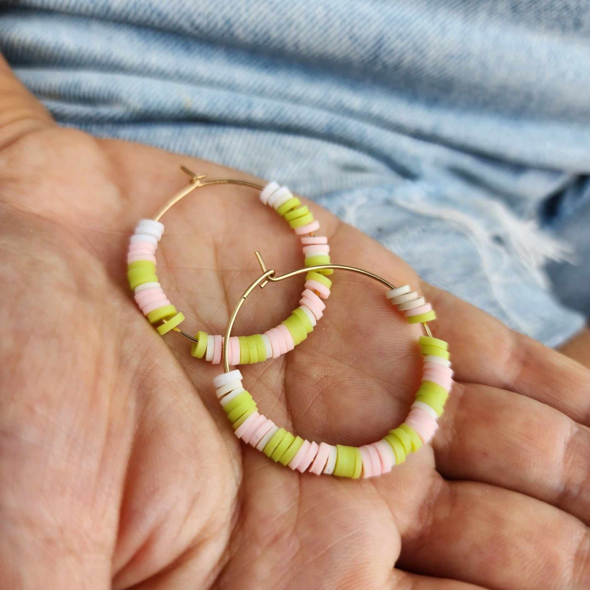 READY TO SHIP Colourful Polymer Clay Bead Hoop Earrings 14k Gold