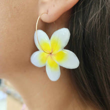 Load image into Gallery viewer, READY TO SHIP Frangipani Flower Resin Hoop Earrings - 14k Gold Fill FJD$
