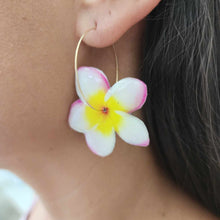 Load image into Gallery viewer, READY TO SHIP Frangipani Flower Resin Hoop Earrings - 14k Gold Fill FJD$