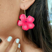 Load image into Gallery viewer, READY TO SHIP Hibiscus Flower Hoop Resin Earrings -14k Gold Fill FJD$