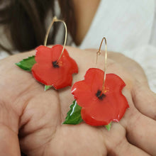 Load image into Gallery viewer, READY TO SHIP Hibiscus Flower Hoop Resin Earrings -14k Gold Fill FJD$