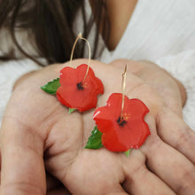 Load image into Gallery viewer, READY TO SHIP Hibiscus Flower Hoop Resin Earrings -14k Gold Fill FJD$