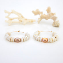 Load image into Gallery viewer, READY TO SHIP Shell & Freshwater Pearl Hoop Earrings - 14k Gold Filled FJD$