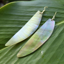 Load image into Gallery viewer, Iridescent leaf-shaped earrings on a green leaf background
