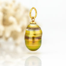 Load image into Gallery viewer, A gold pendant charm shaped like a teardrop pearl with horizontal bands of olive green, yellow, and gold, featuring a polished gold bail at the top, shown against a soft-focus white background.