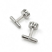 Load image into Gallery viewer, A pair of silver T-cufflinks with 'FIJI' engraved on the circular back, displayed on a clean white background.