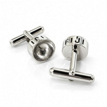 Load image into Gallery viewer, A pair of silver-toned metal cufflinks on a clean white background. One cufflink is shown from the front with a polished circular face featuring the engraved text 'FIJI', and the other is shown from the side displaying the T-bar closure.
