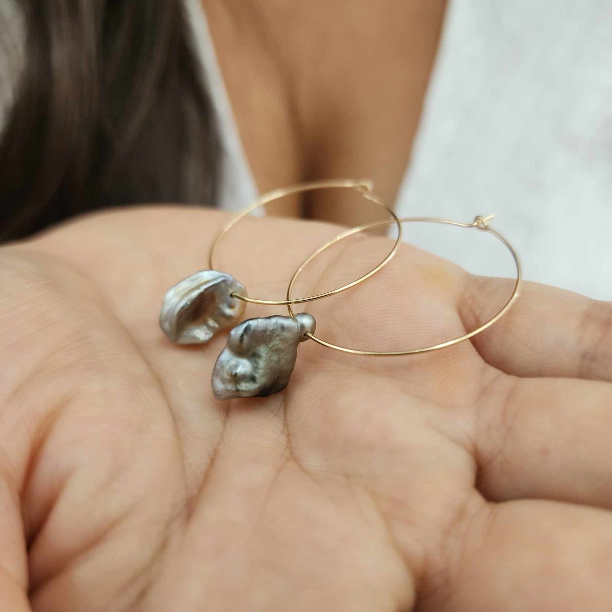 READY TO SHIP Fiji Keshi Pearl Hoop Earrings 14k Gold Fill FJD$