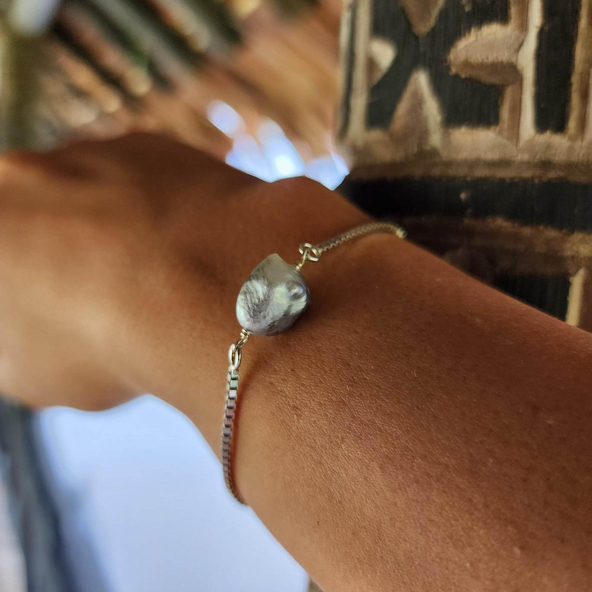READY TO SHIP Fiji Saltwater Keshi Pearl Box Chain Bracelet in 925 Sterling Silver FJD