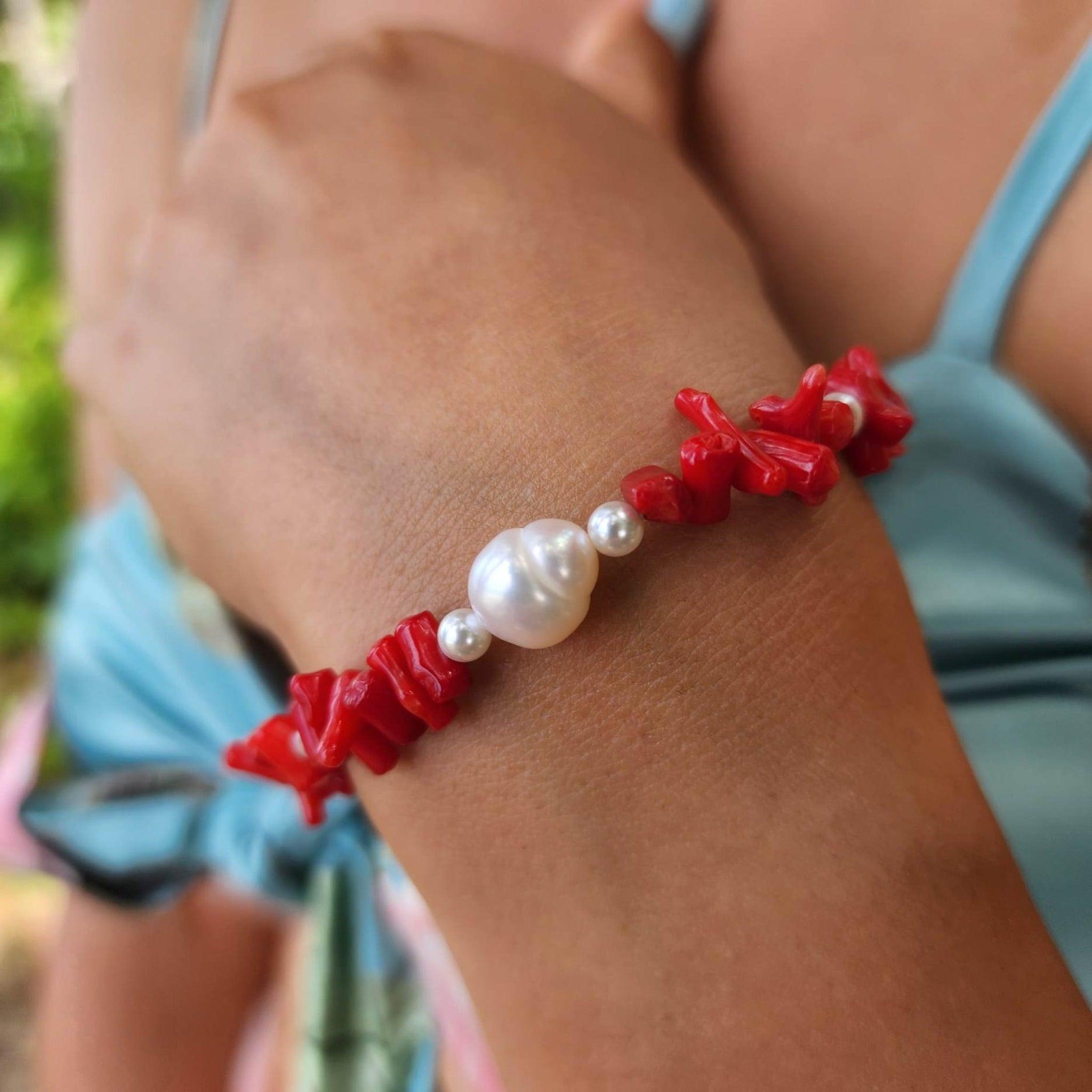 READY TO SHIP Freshwater Pearl Red Coral Bracelet FJD