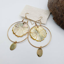 Load image into Gallery viewer, READY TO SHIP Carved Oyster Shell Hibiscus Earrings with Fiji Tags - 14k Gold Fill FJD$ - Adorn Pacific - Earrings