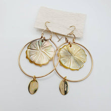 Load image into Gallery viewer, READY TO SHIP Carved Oyster Shell Hibiscus Earrings with Fiji Tags - 14k Gold Fill FJD$ - Adorn Pacific - Earrings