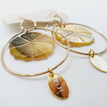 Load image into Gallery viewer, READY TO SHIP Carved Oyster Shell Hibiscus Earrings with Fiji Tags - 14k Gold Fill FJD$ - Adorn Pacific - Earrings