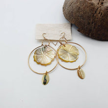 Load image into Gallery viewer, READY TO SHIP Carved Oyster Shell Hibiscus Earrings with Fiji Tags - 14k Gold Fill FJD$ - Adorn Pacific - Earrings