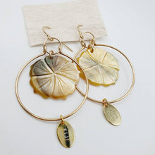 Load image into Gallery viewer, READY TO SHIP Carved Oyster Shell Hibiscus Earrings with Fiji Tags - 14k Gold Fill FJD$ - Adorn Pacific - Earrings