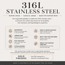 Load image into Gallery viewer, Informational graphic about 316L stainless steel jewelry with features listed.
