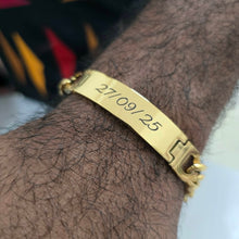 Load image into Gallery viewer, Gold bracelet with engraved date on a wrist
