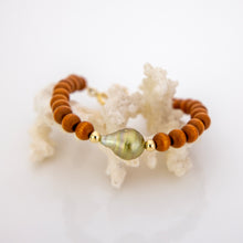 Load image into Gallery viewer, READY TO SHIP Wooden Bead Saltwater Pearl Bracelet in 14k Gold Fill - FJD$
