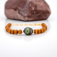 READY TO SHIP Wooden Bead Saltwater Pearl Bracelet in 14k Gold Fill - FJD$