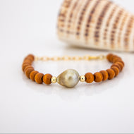 READY TO SHIP Wooden Bead Saltwater Pearl Bracelet in 14k Gold Fill - FJD$