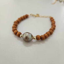 Load image into Gallery viewer, READY TO SHIP Wooden Bead Saltwater Pearl Bracelet in 14k Gold Fill - FJD$
