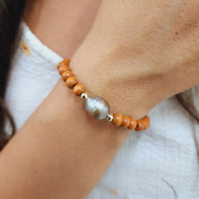 Load image into Gallery viewer, READY TO SHIP Wooden Bead Saltwater Pearl Bracelet in 14k Gold Fill - FJD$
