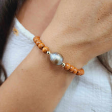 Load image into Gallery viewer, READY TO SHIP Wooden Bead Saltwater Pearl Bracelet in 14k Gold Fill - FJD$
