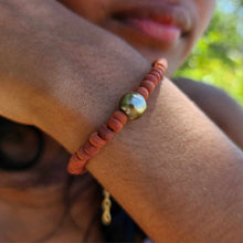 Load image into Gallery viewer, READY TO SHIP Wooden Bead Saltwater Pearl Bracelet in 14k Gold Fill - FJD$
