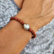 READY TO SHIP Wooden Bead Saltwater Pearl Bracelet in 14k Gold Fill - FJD$