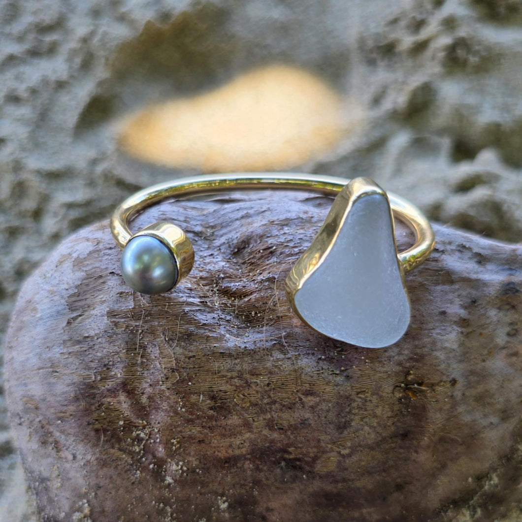 READY TO SHIP Civa Fiji Saltwater Bezel Set Pearl & Seaglass Cuff - 14k Gold Fill FJD$