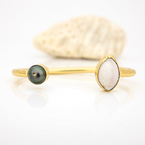 READY TO SHIP Civa Fiji Saltwater Bezel Set Pearl & Shell Cuff - 14k Gold Fill FJD$