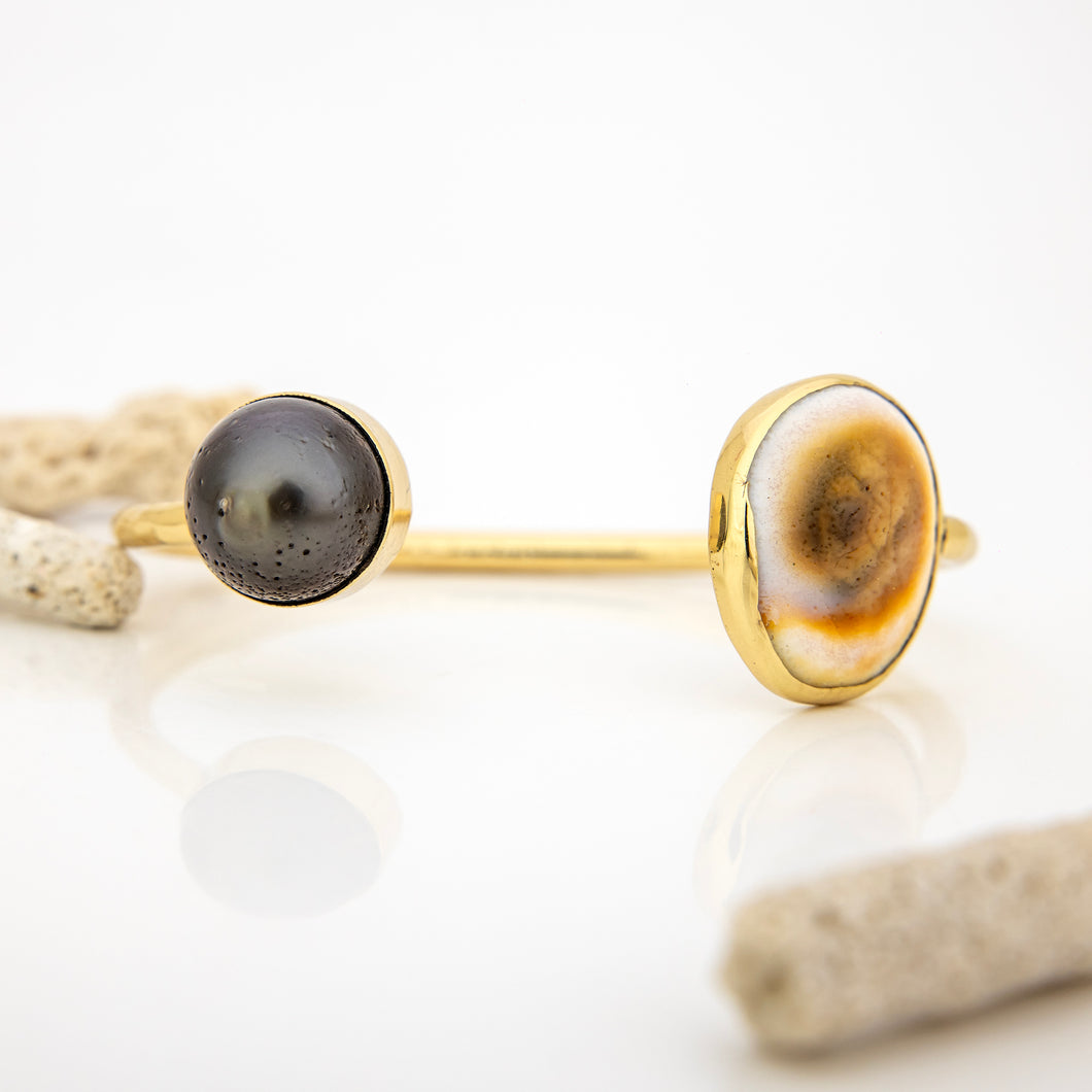 READY TO SHIP Civa Fiji Saltwater Bezel Set Pearl & Shell Cuff - 14k Gold Fill FJD$