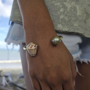 READY TO SHIP Civa Fiji Saltwater Bezel Set Pearl & Shell Cuff - 14k Gold Fill FJD$