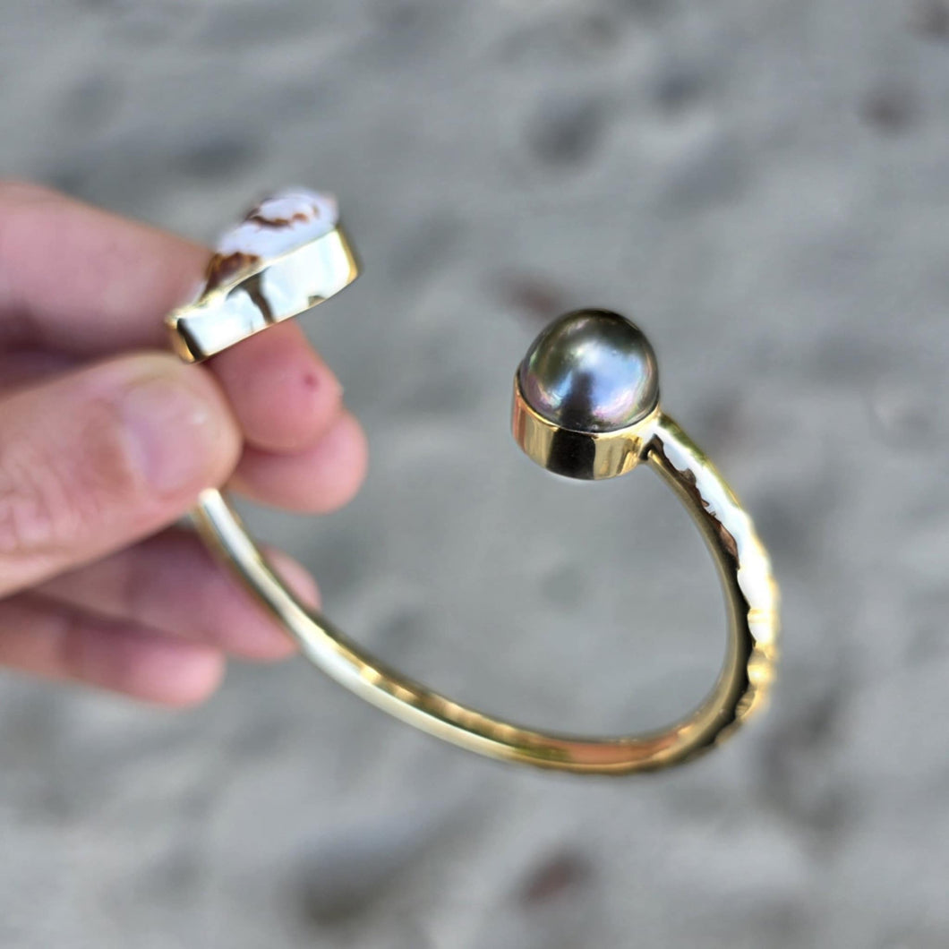 READY TO SHIP Civa Fiji Saltwater Bezel Set Pearl & Shell Cuff - 14k Gold Fill FJD$