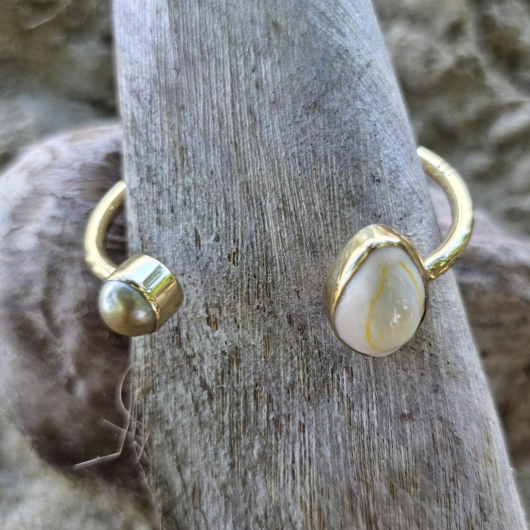 READY TO SHIP Civa Fiji Saltwater Bezel Set Pearl & Shell Cuff - 14k Gold Fill FJD$
